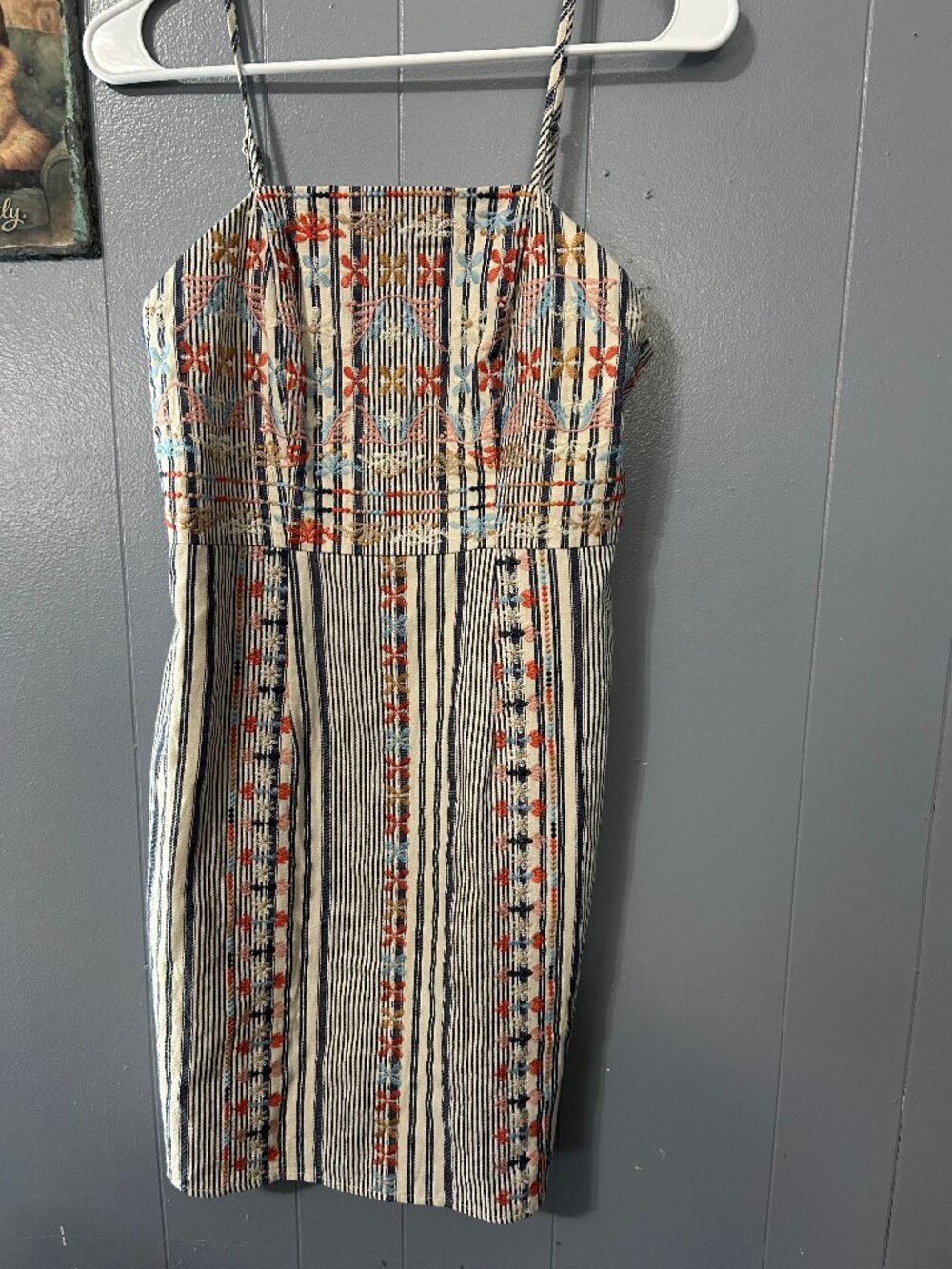 THML Ivory Navy Striped Embroidered Mini Dress Size S